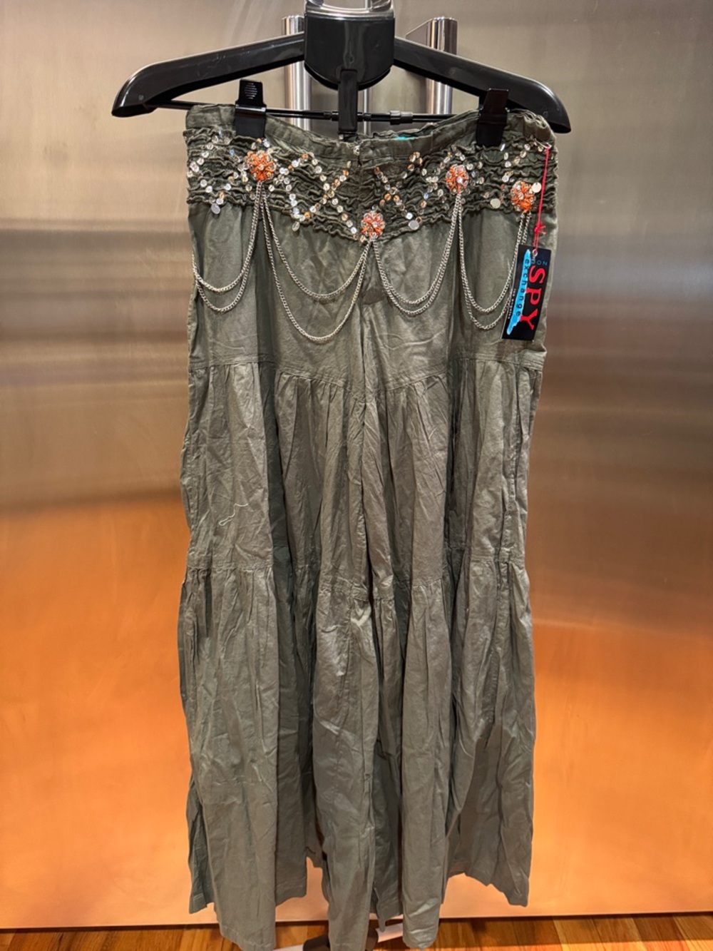 SPY Exchange Olive Green Boho Skirt with Orange Beaded Accents
